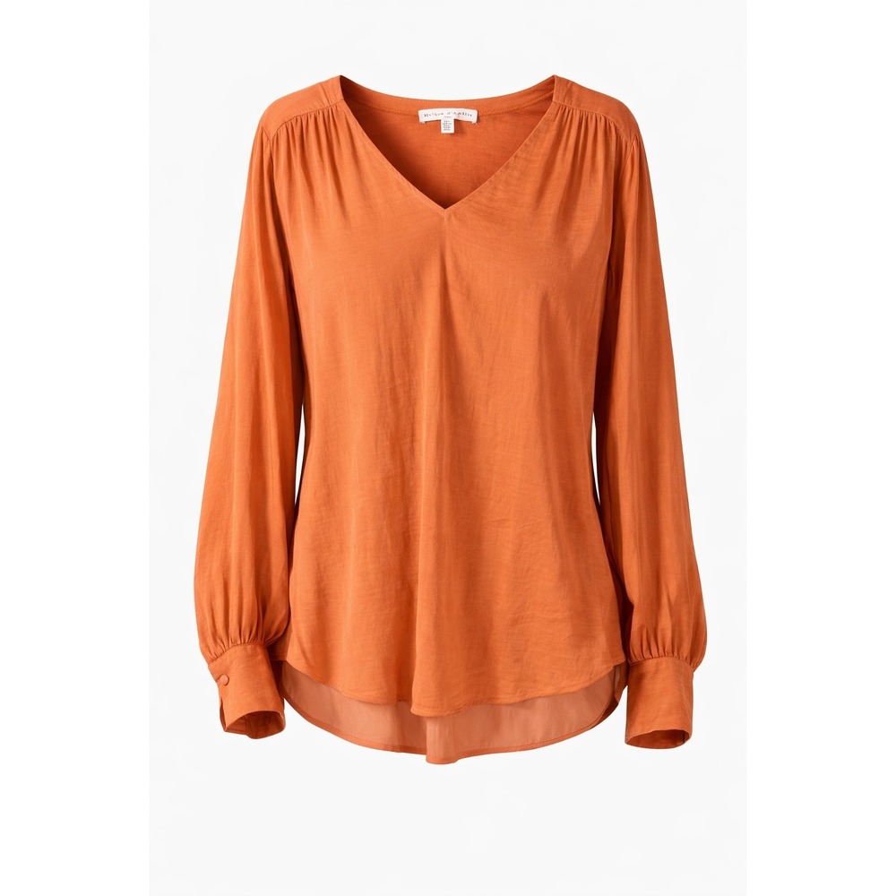 Maison d'Amélie Burnt Orange Flowy V Neck Blouse XL Boho Top Pesant Long Sleeve